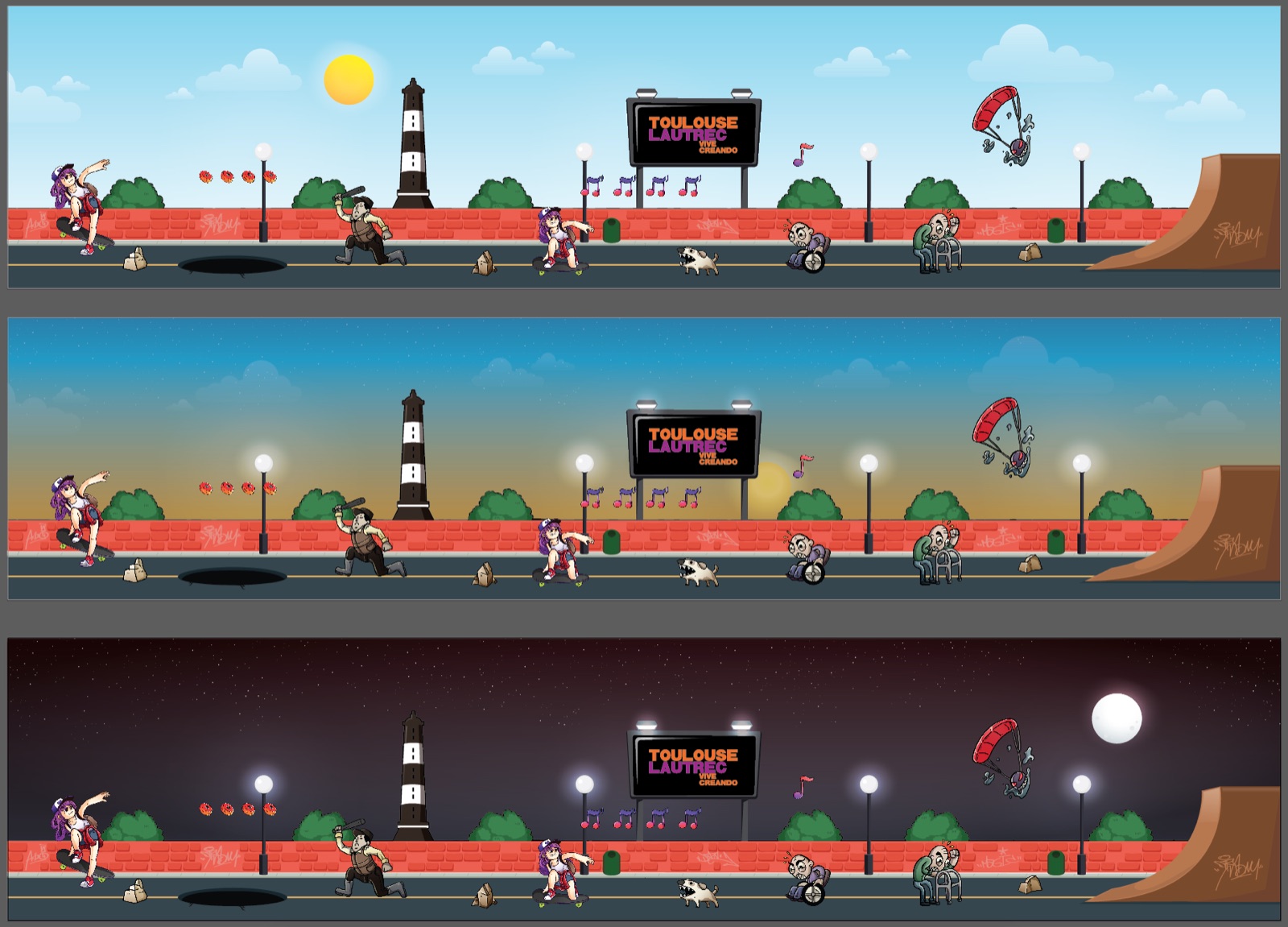 Escenario del malecón con la skater, el faro y los obstáculos, de día, al atardecer y de noche