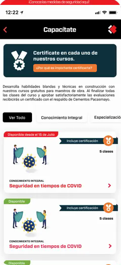 Sección Capacítate en celular con los cursos gratuitos que incluyen certificación