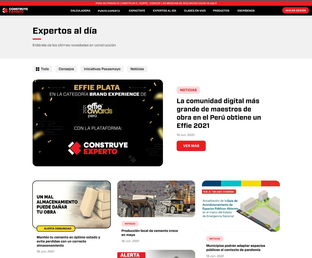 Blog Expertos al día con filtros por consejos, iniciativas Pacasmayo y noticias